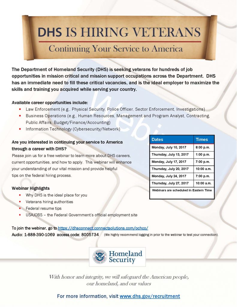 DHS Is Hiring Veterans Webinar Schedule