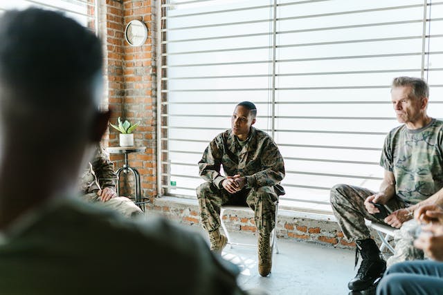 Veterans talking during their support group meeting